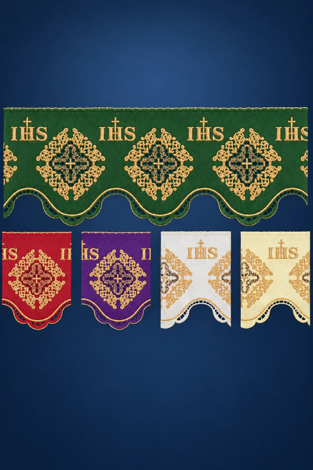 Purple Altar Lace with IHS, Cross and Rosette Embroidery, shown front-facing with gold motifs and scalloped edge