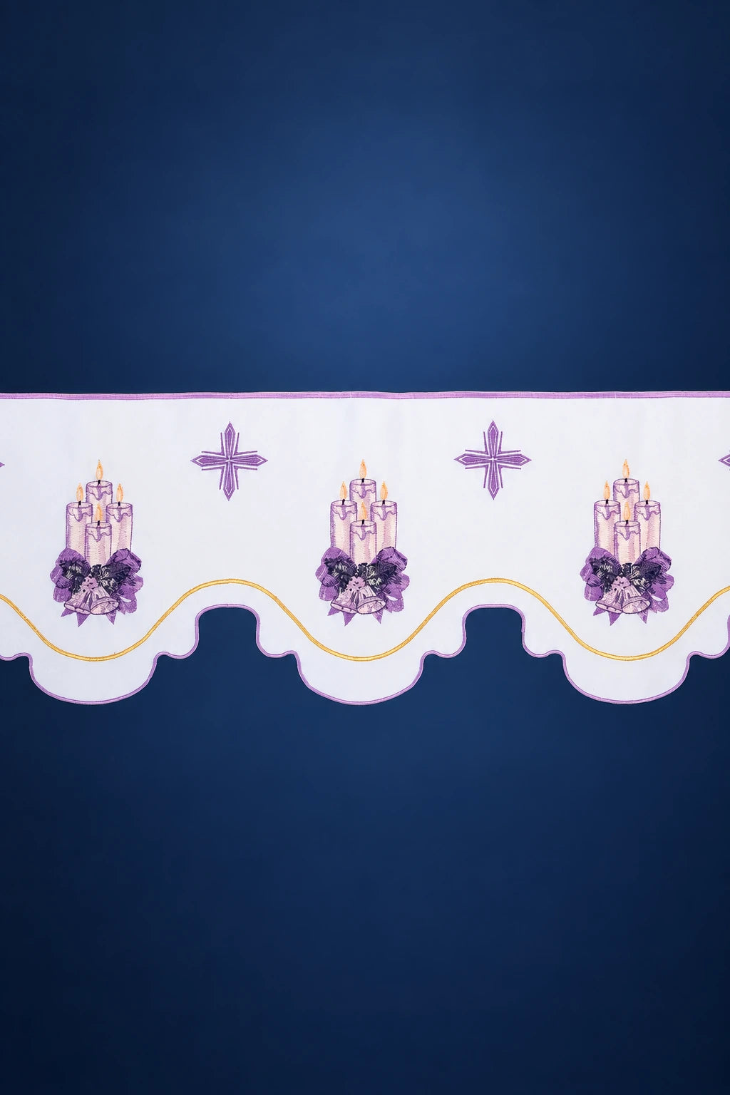 White Altar Lace with Advent Motif and Border Embroidery, front view with purple Advent wreaths and scalloped border