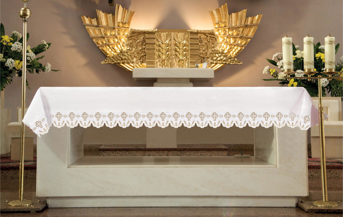 Catholic Altar Cloth with Front Embroidery of Crosses, white front view with repeated crosses and scalloped embroidery