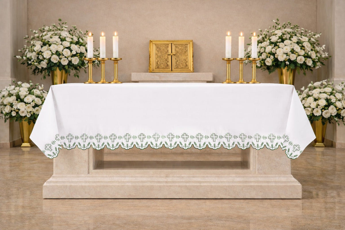 Altar Cloth with Embroidered Green Crosses and Trim, front view with green cross and wheat embroidery