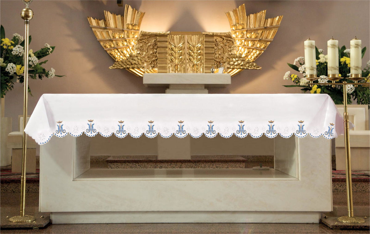 Altar Cloth with Front Embroidery and Marian Motif, white front view with blue Marian motifs and scalloped embroidery