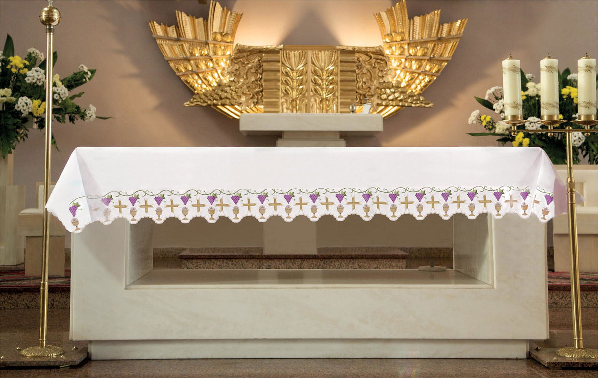 Altar Cloth with Front Embroidery of Crosses and Chalices, white front view with embroidered crosses and chalices