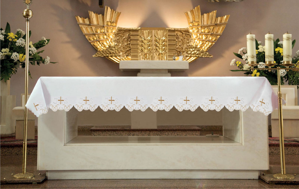 Altar Cloth with Front IHS and Cross Embroidery, front view with white fabric and repeating gold crosses