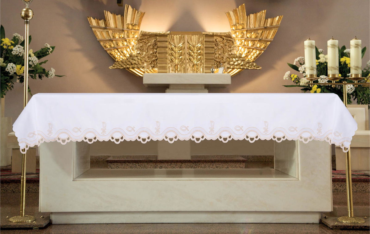 Altar Cloth with Front Embroidery and Eucharistic Motif, white front view with fish and cross embroidery