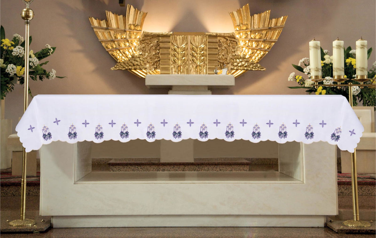 Embroidered altar cloth with Advent wreath and crosses, white front view with purple crosses and Advent wreath embroidery