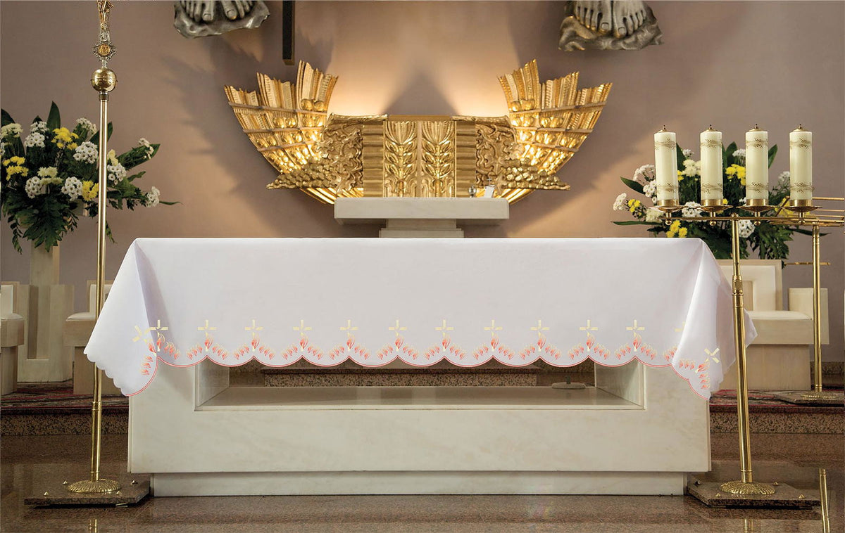 Altar Cloth with Front Embroidery of Crosses and Flames, white front view with embroidered crosses and flames