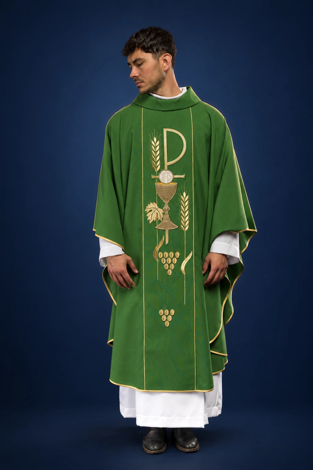 Green Chasuble with Embroidered IHS Chalice Design, full front view with gold trim