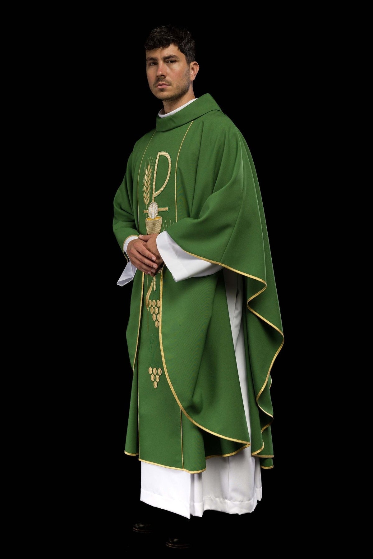 Green chasuble side view with stand-up collar, gold trim and embroidered front