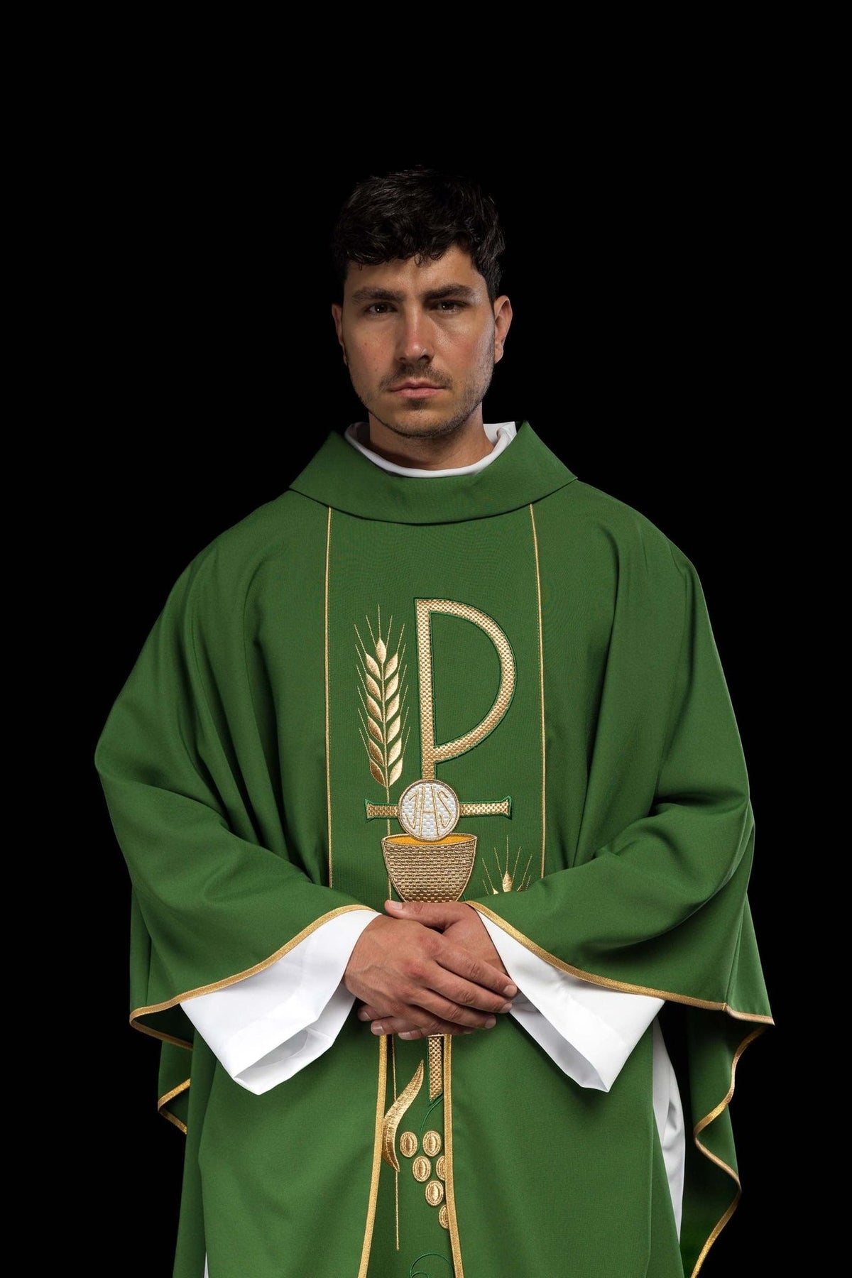 Green chasuble front view with embroidered IHS chalice and wheat motifs