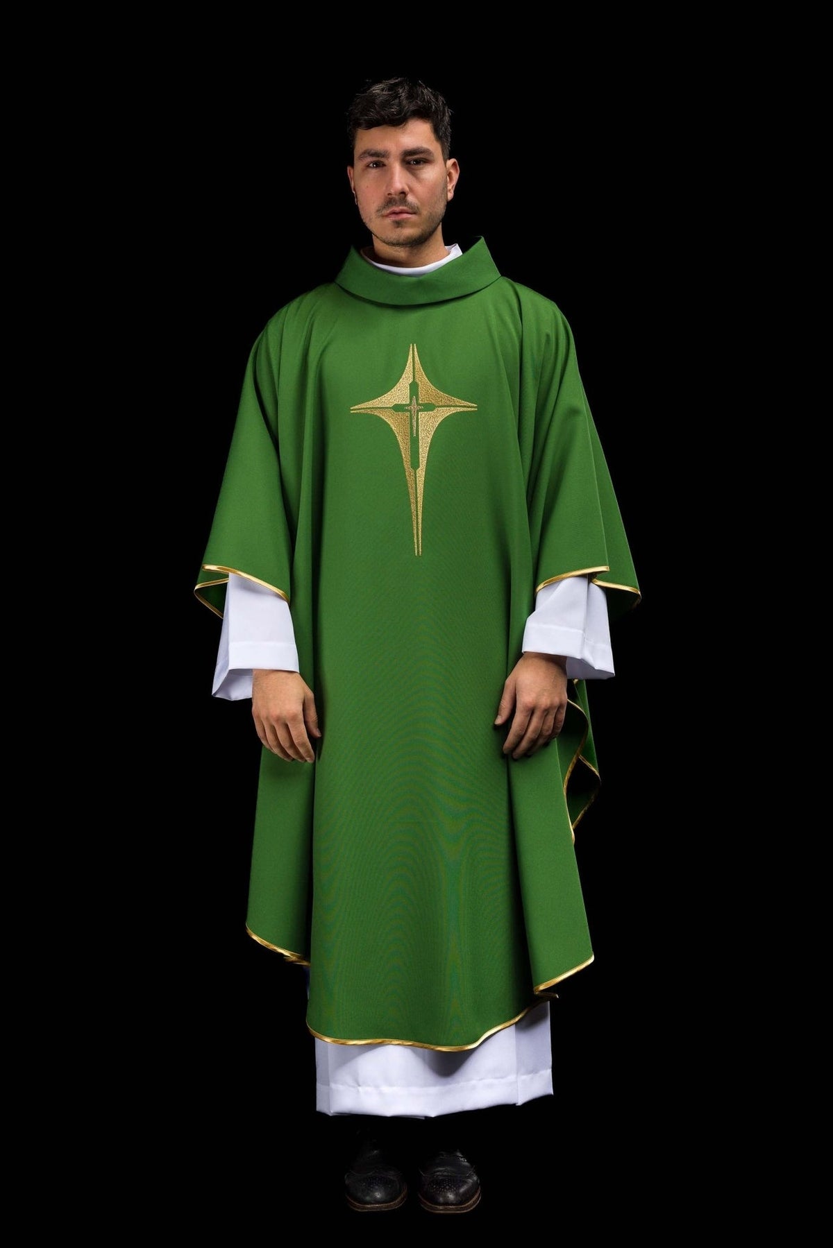 Green chasuble, full front view with gold cross embroidery and trim