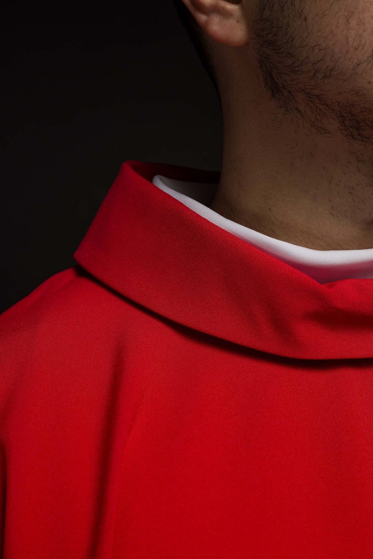 Red chasuble close-up showing the stand-up collar