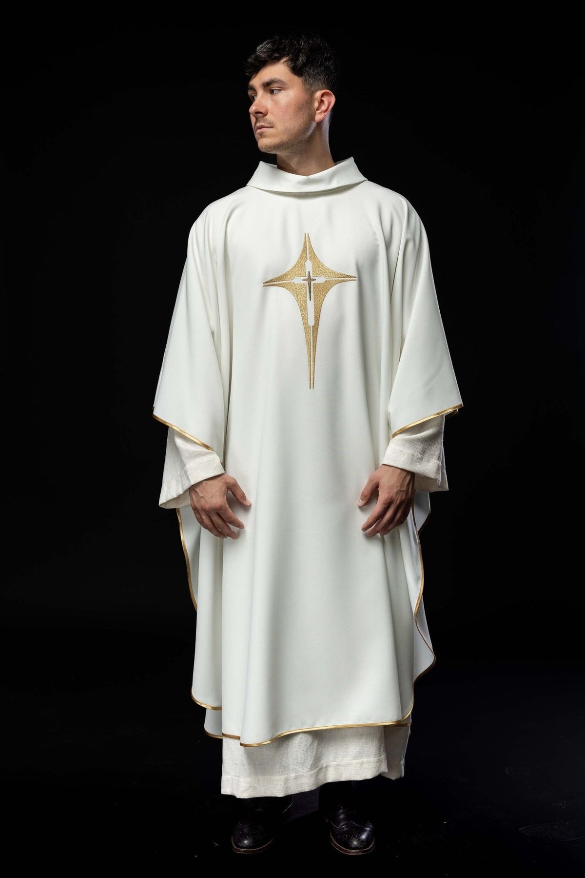 White chasuble with gold cross embroidery and gold trim, full front view