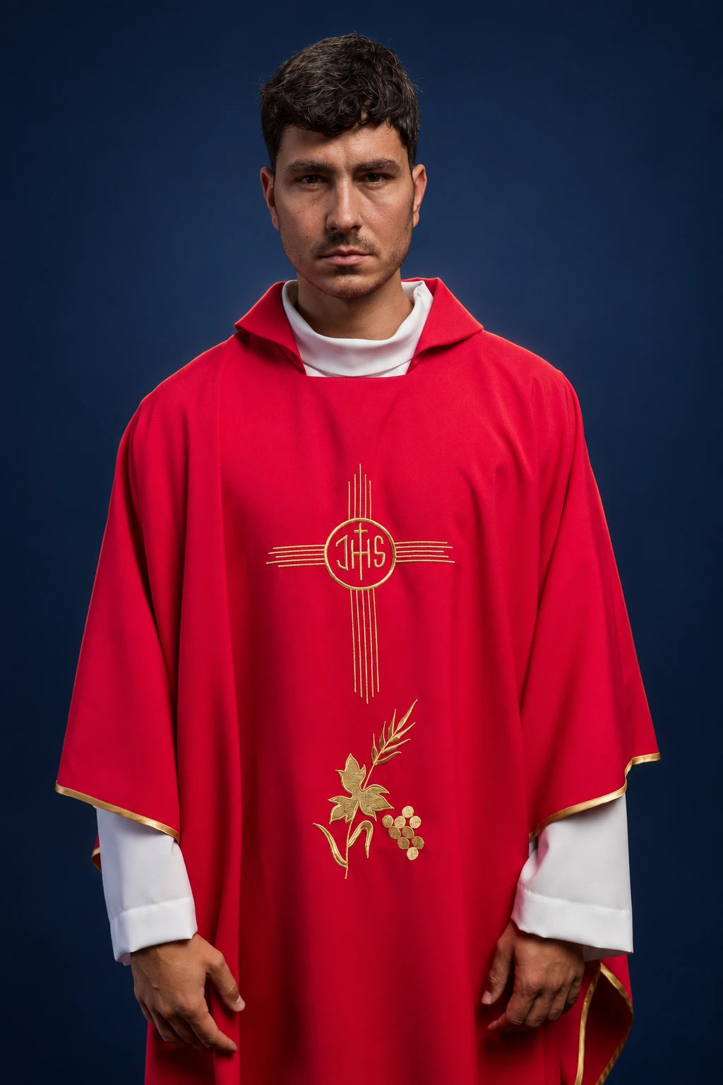 Red Embroidered Chasuble with a Wide Collar and IHS Motif, front view with gold embroidery and trim