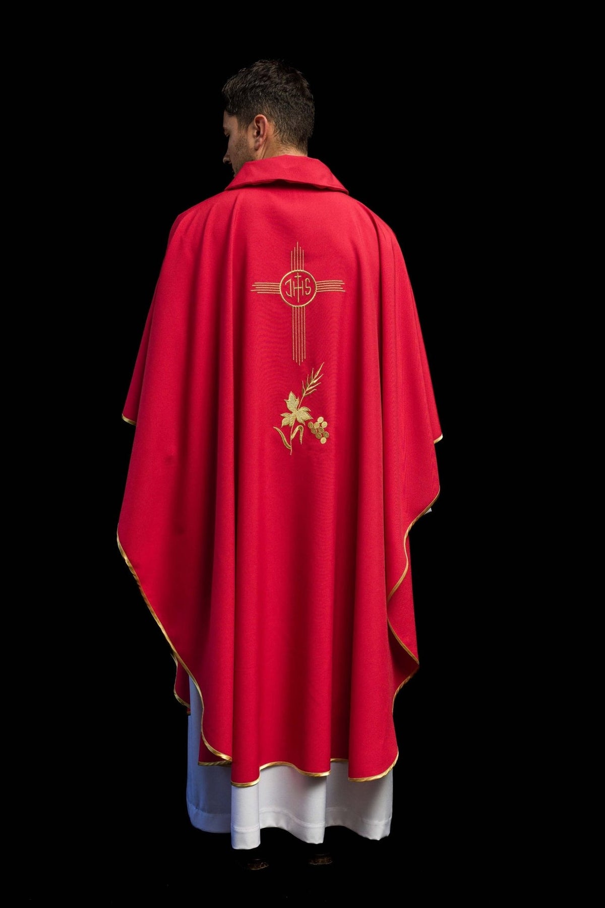 Red chasuble full back view with gold trim and embroidery