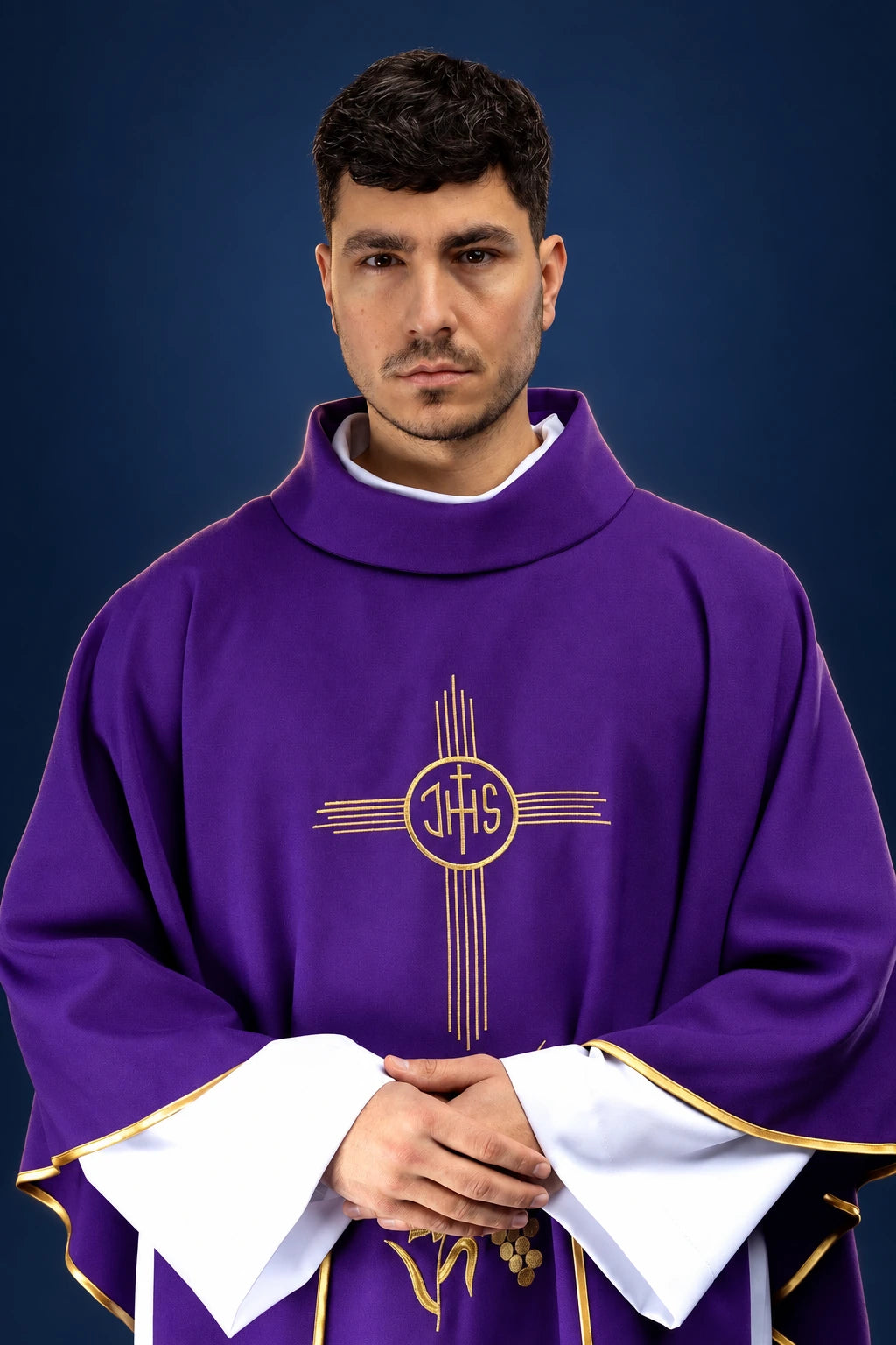 Purple Embroidered Chasuble with IHS Motif, front view with gold IHS embroidery and trim