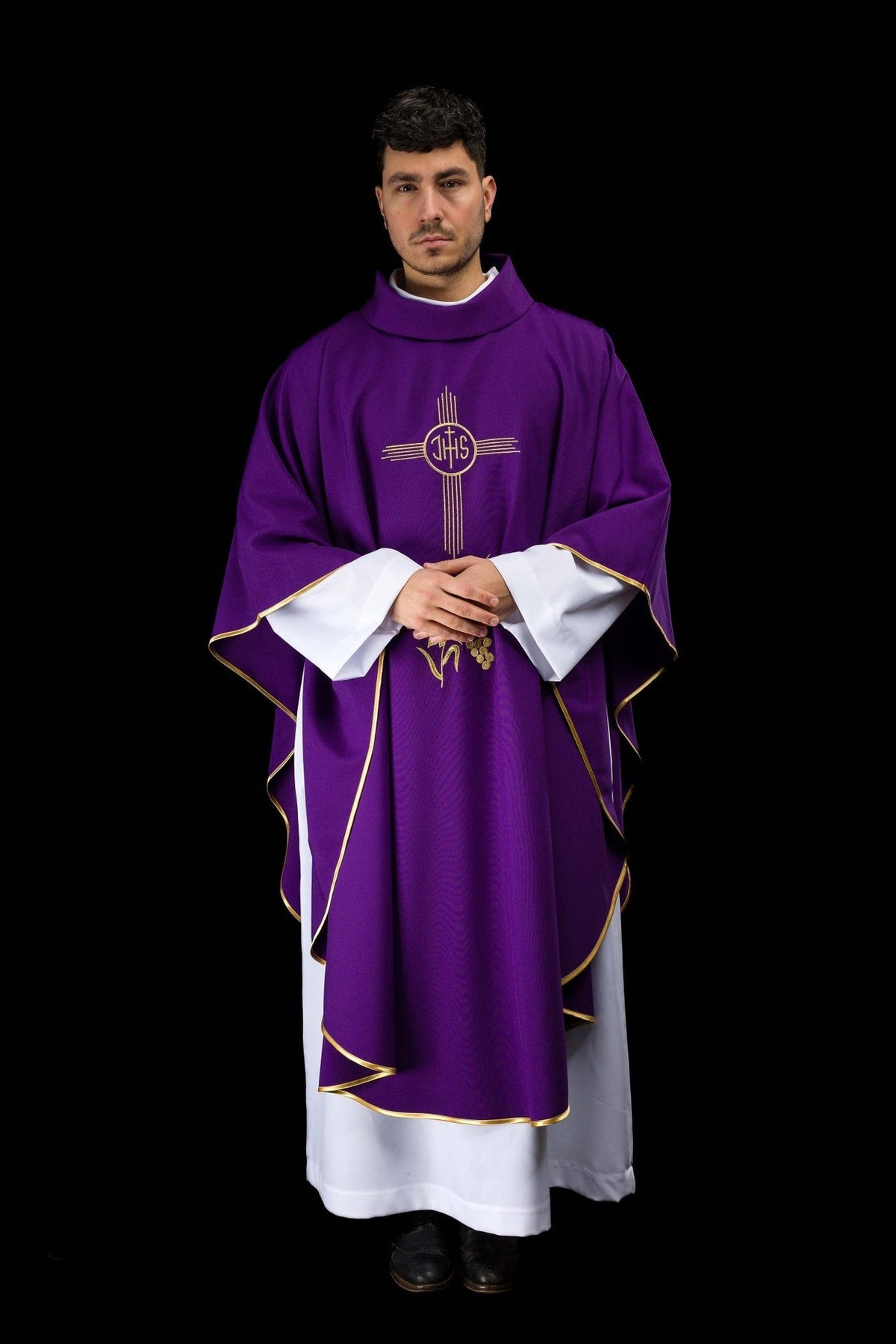 Purple chasuble front view with gold IHS embroidery and trim