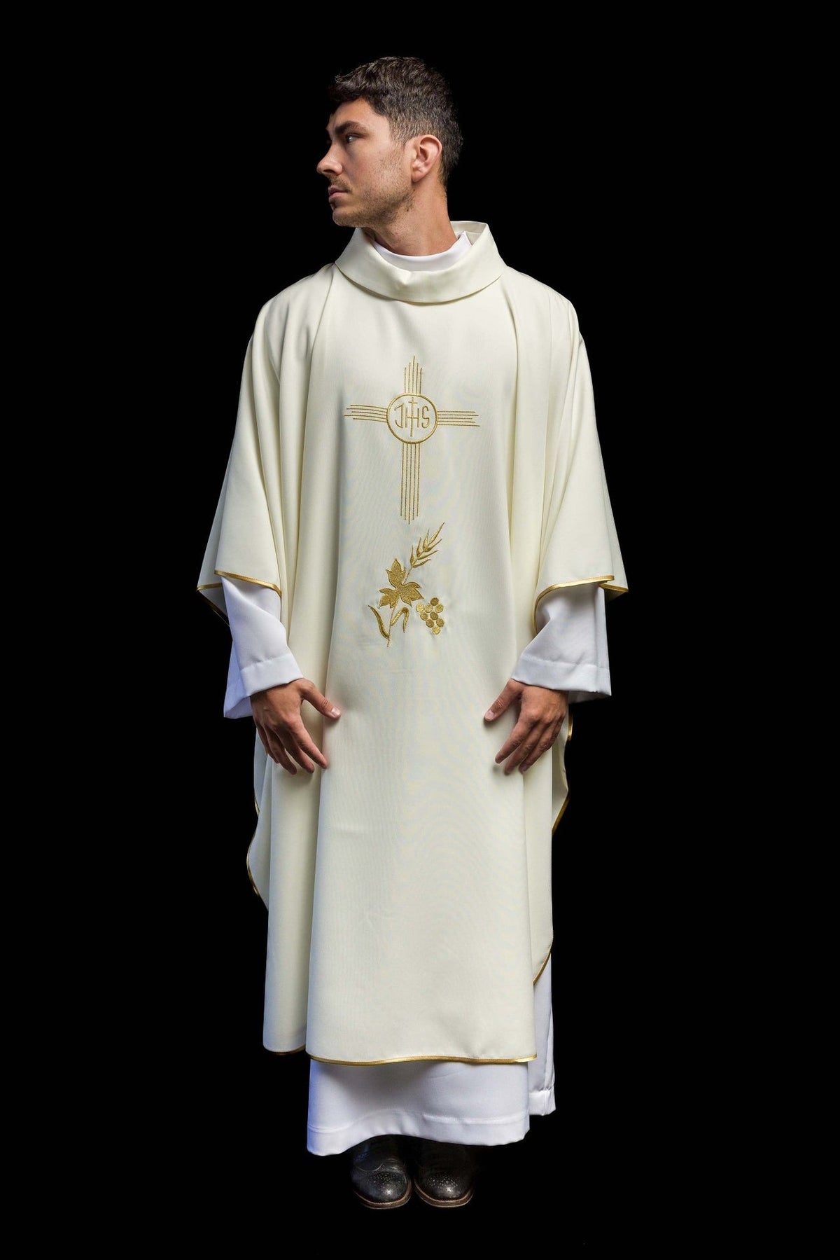 Ecru chasuble, full front view with gold trim and IHS embroidery