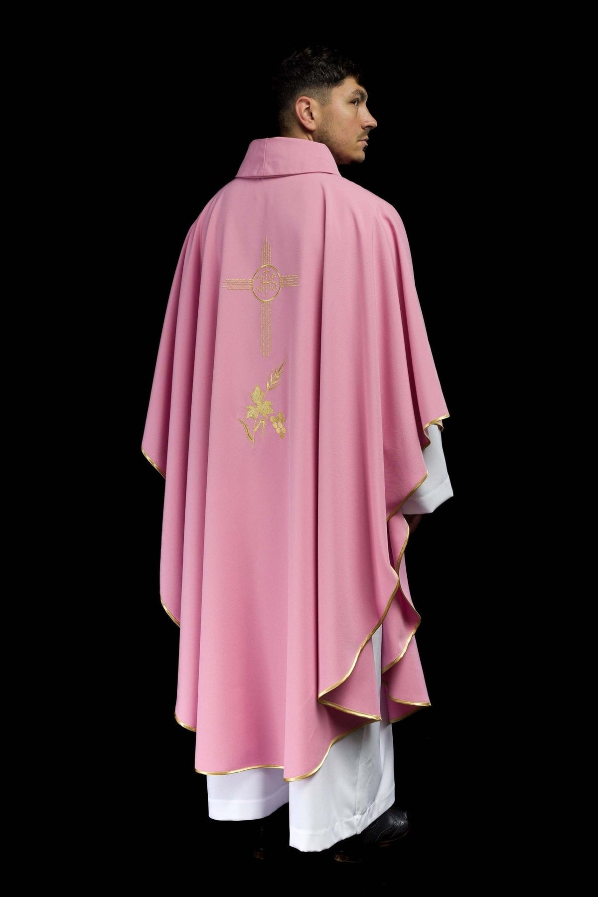Rose chasuble back view with gold IHS and floral embroidery