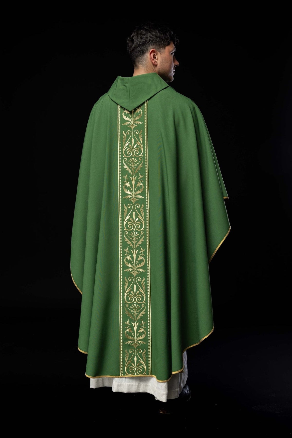Green chasuble full back view with gold embroidered orphrey and gold trim