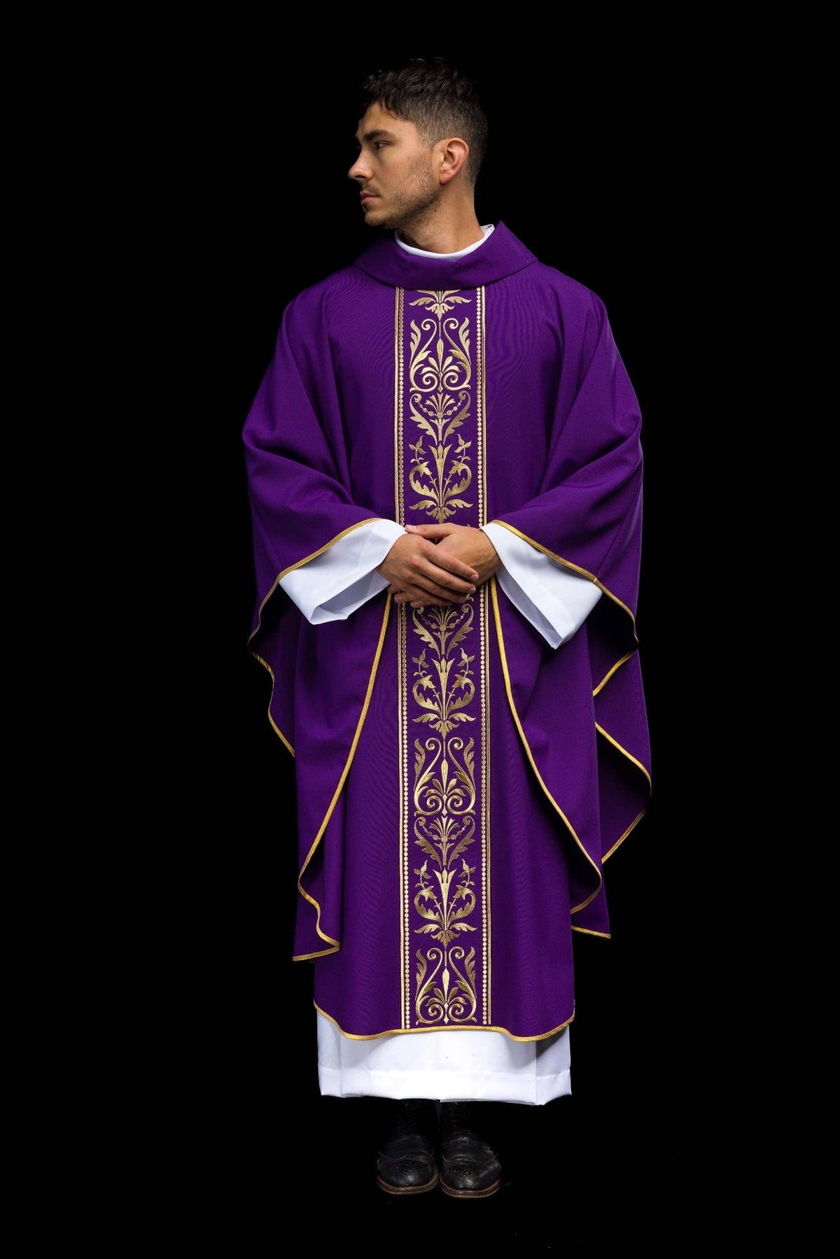 Purple chasuble, full front view with gold embroidered orphrey and trim