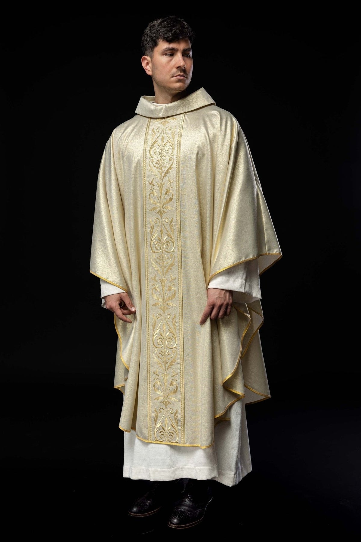 Liturgical chasuble, full front view with embroidered gold orphrey and gold trim