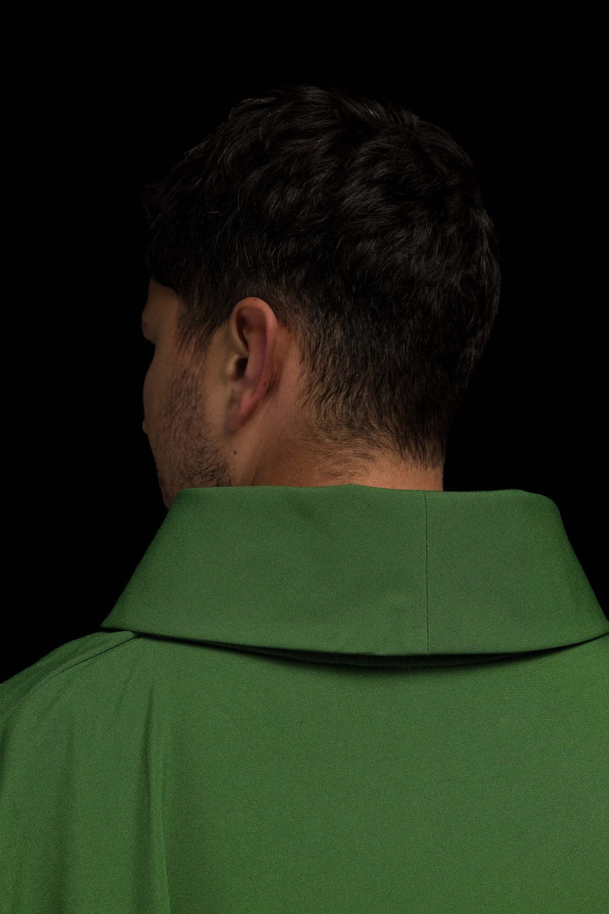 Green chasuble back close-up with stand-up collar