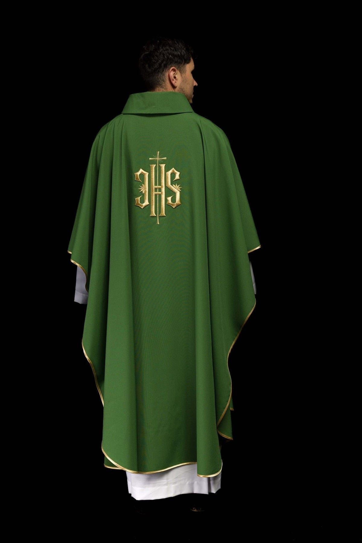 Green chasuble full back view with gold trim