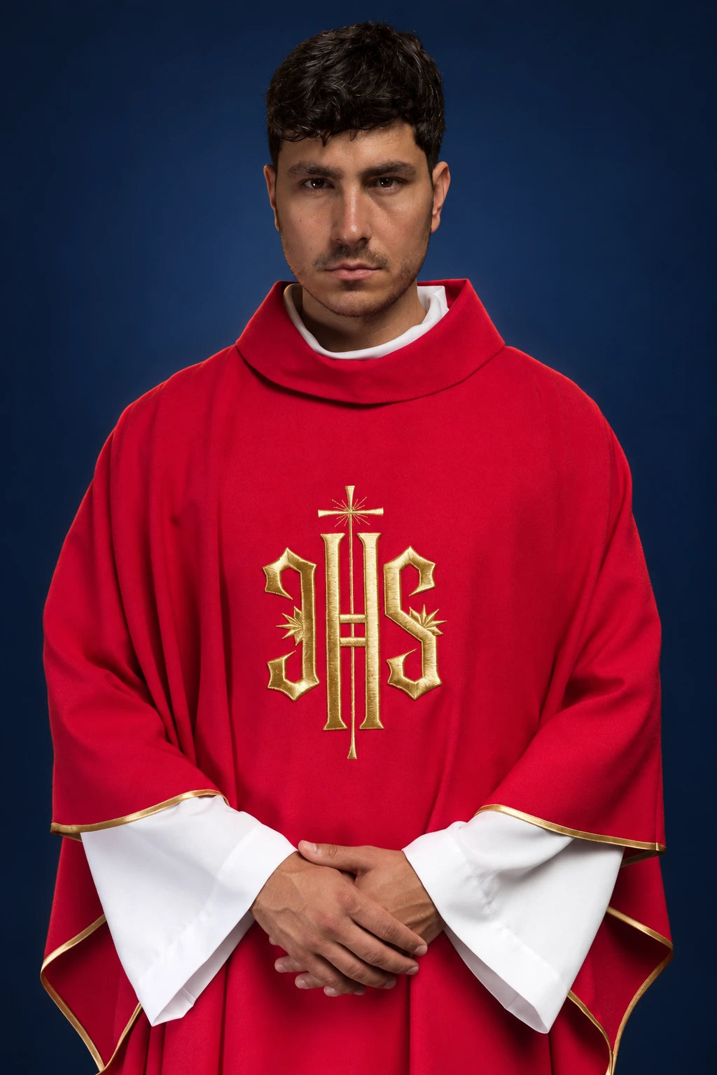 Red Embroidered Chasuble with Gold IHS Motif, front view with stand-up collar and gold trim