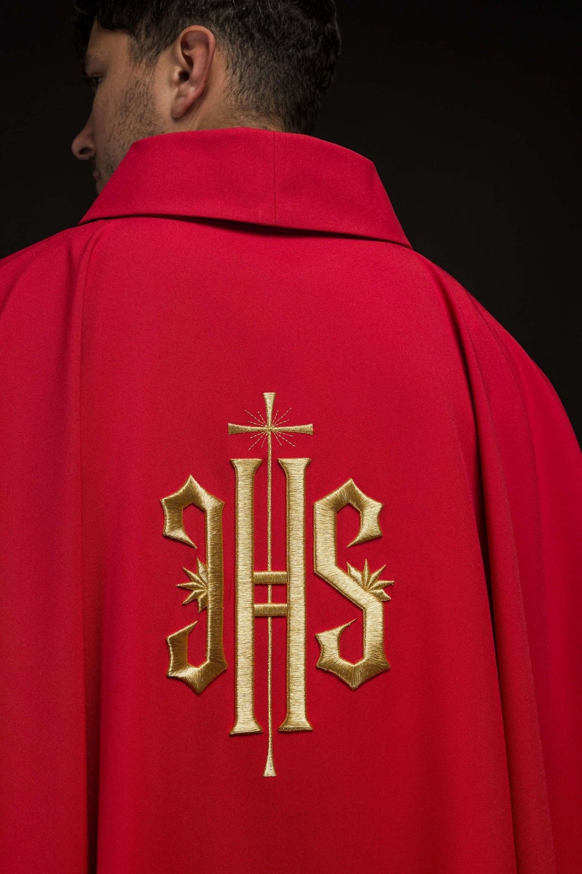 Red chasuble back close-up with gold IHS embroidery and stand-up collar