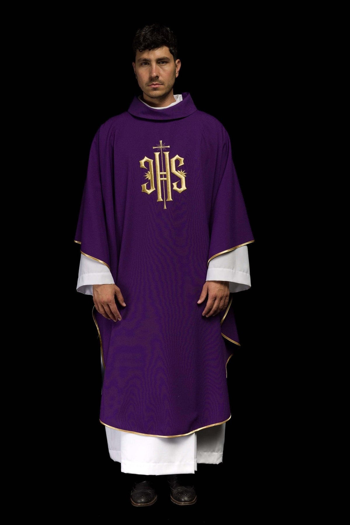 Purple chasuble front view with gold IHS embroidery and gold trim