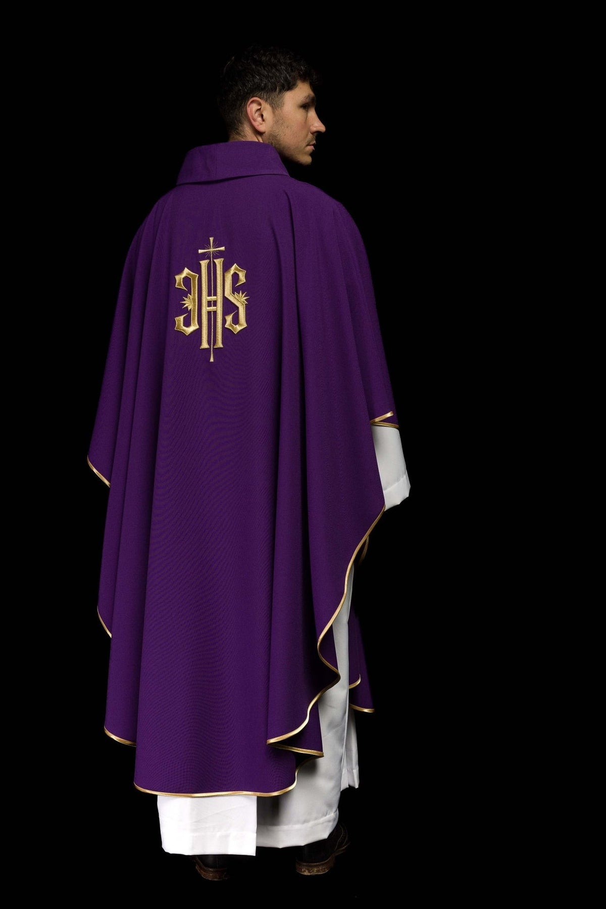 Purple chasuble rear three-quarter view with gold trim