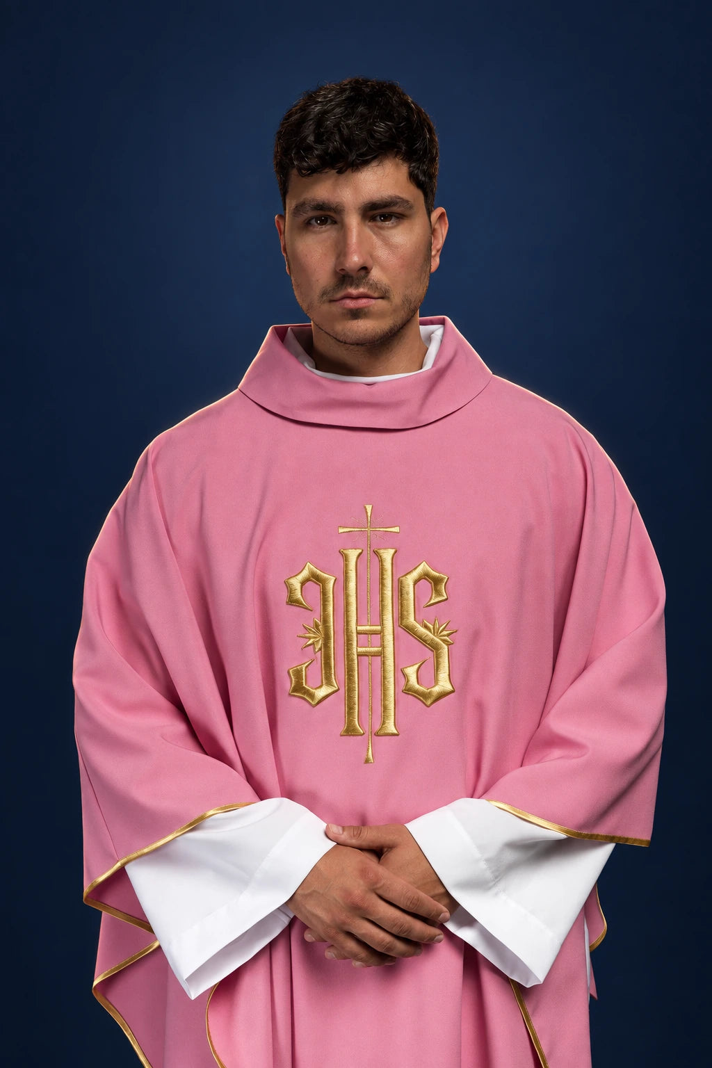 Rose Embroidered Chasuble with IHS Design, front view with gold IHS embroidery and trim
