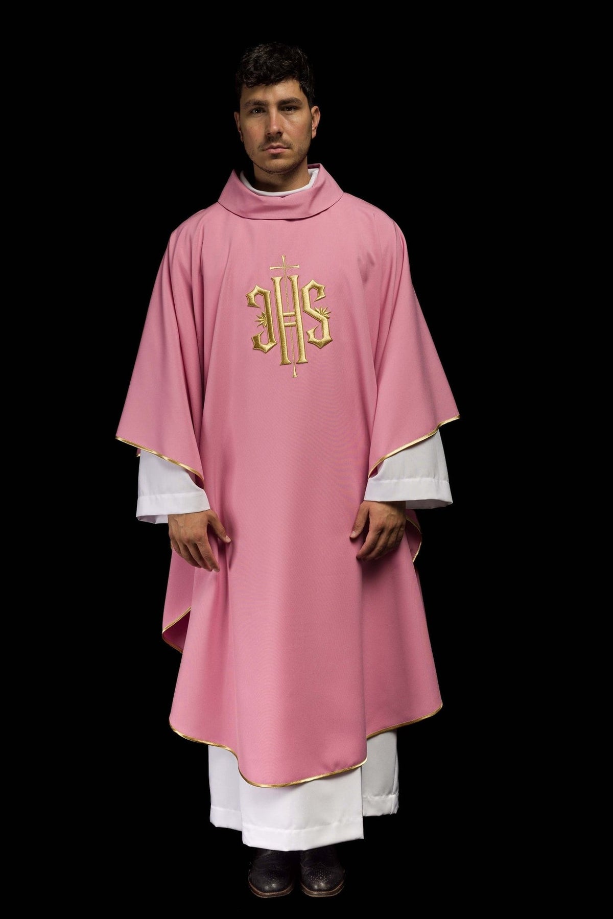 Rose chasuble, full front view with gold IHS embroidery and gold trim