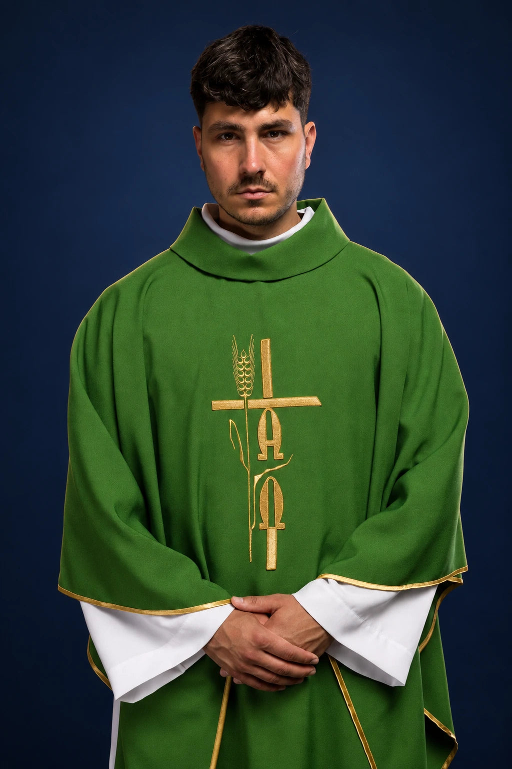 Green Chasuble with Alpha, Omega and Cross Embroidery worn from the front, with gold trim and stand-up collar