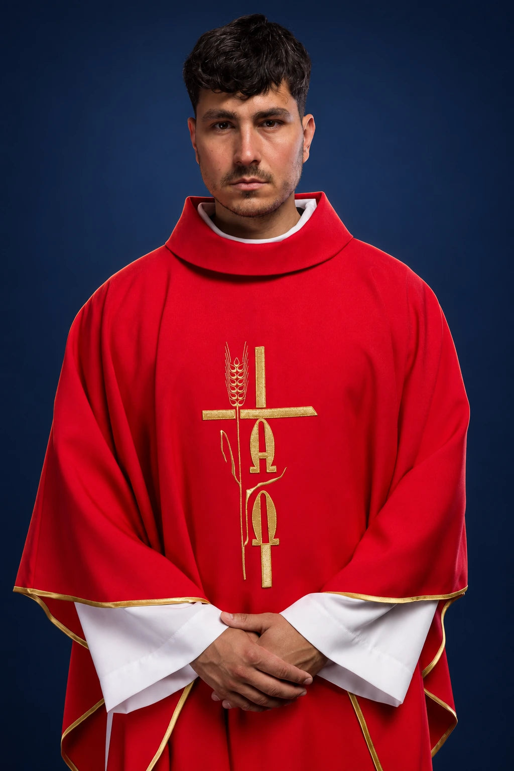 Red Chasuble with Alpha and Omega Embroidery, front view with gold trim and stand-up collar
