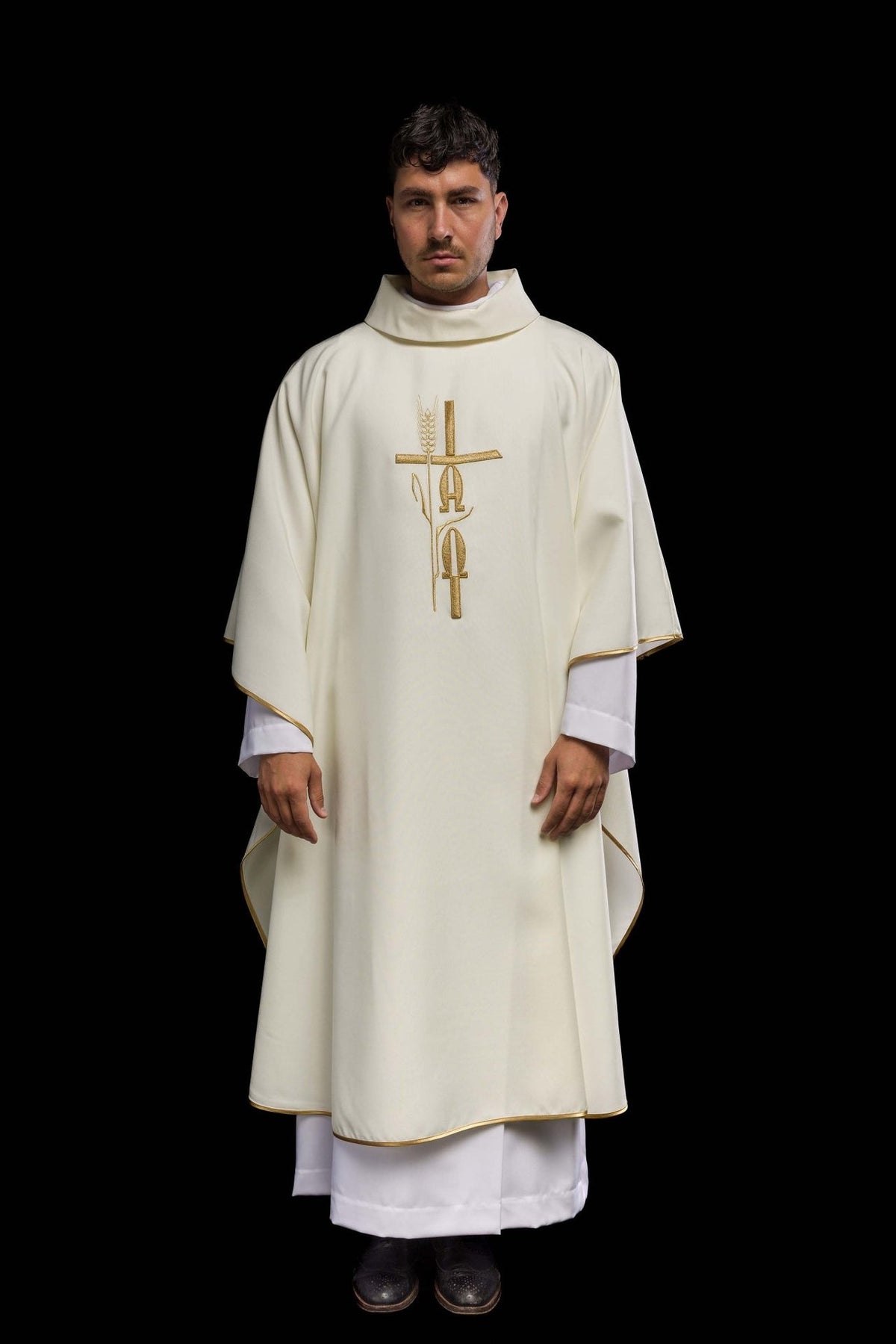 Ecru chasuble, full front view with gold Alpha, Omega and cross embroidery