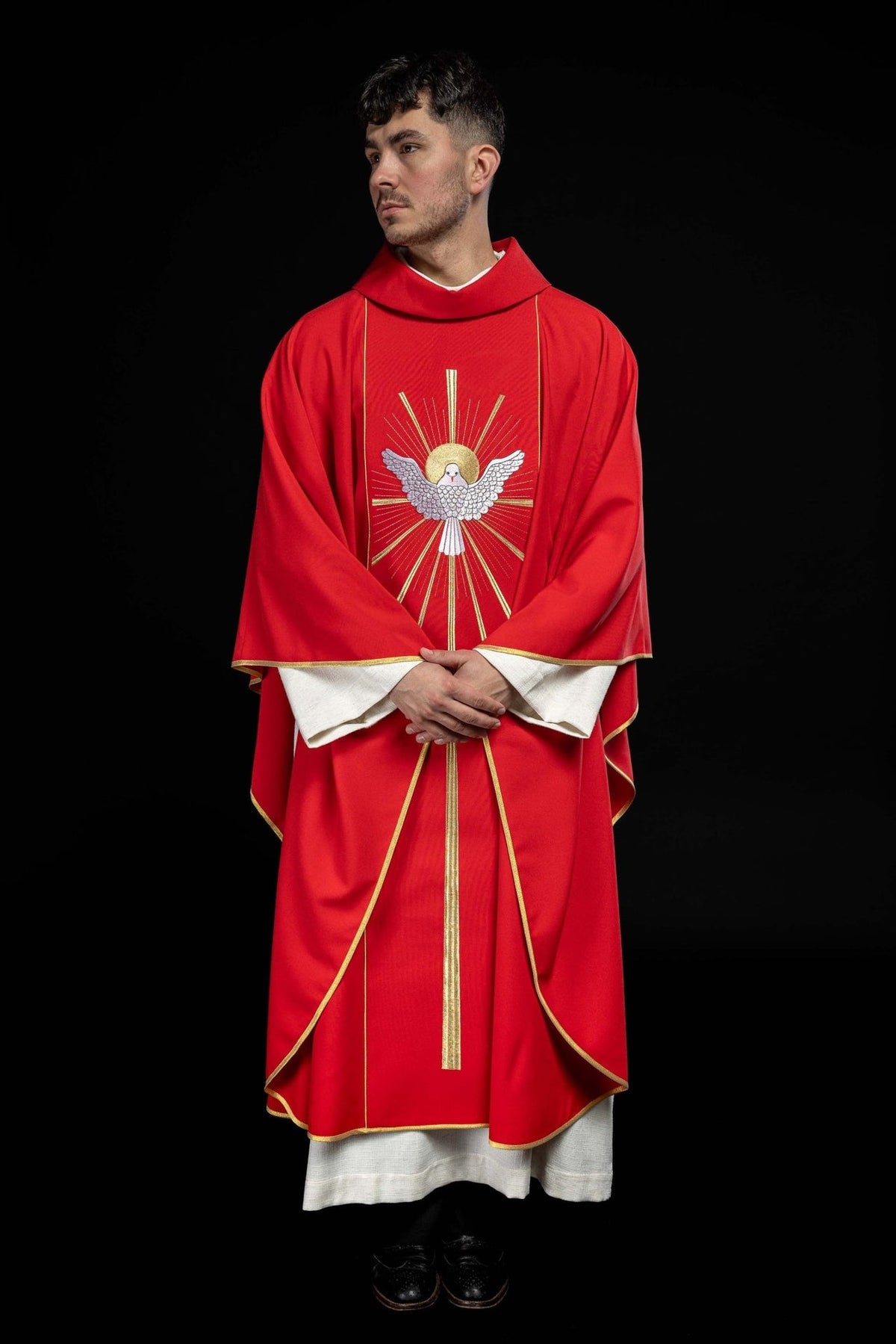 Red chasuble back full view with gold trim and tongues of fire embroidery