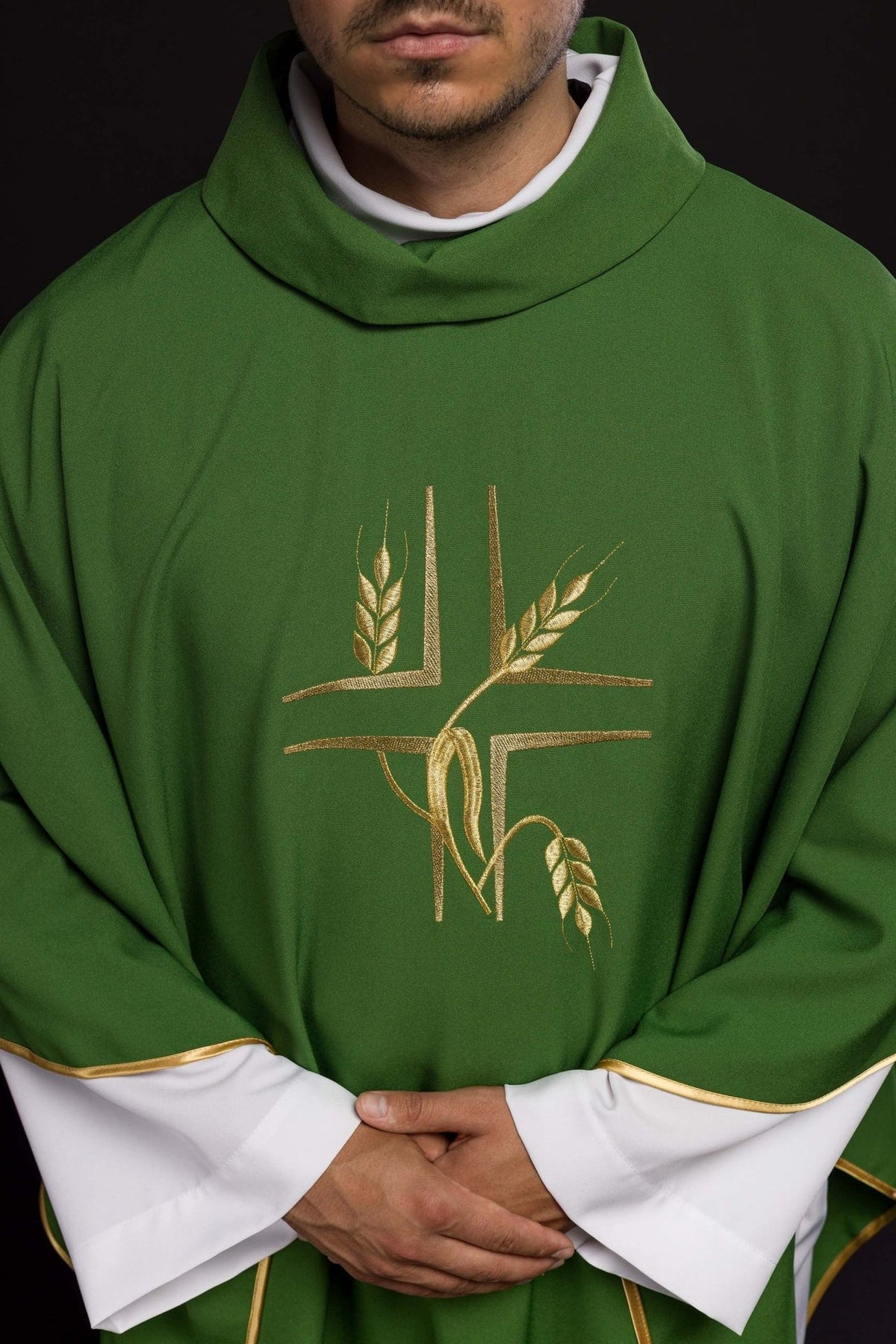 Green chasuble front close-up with stand-up collar and gold cross and wheat embroidery