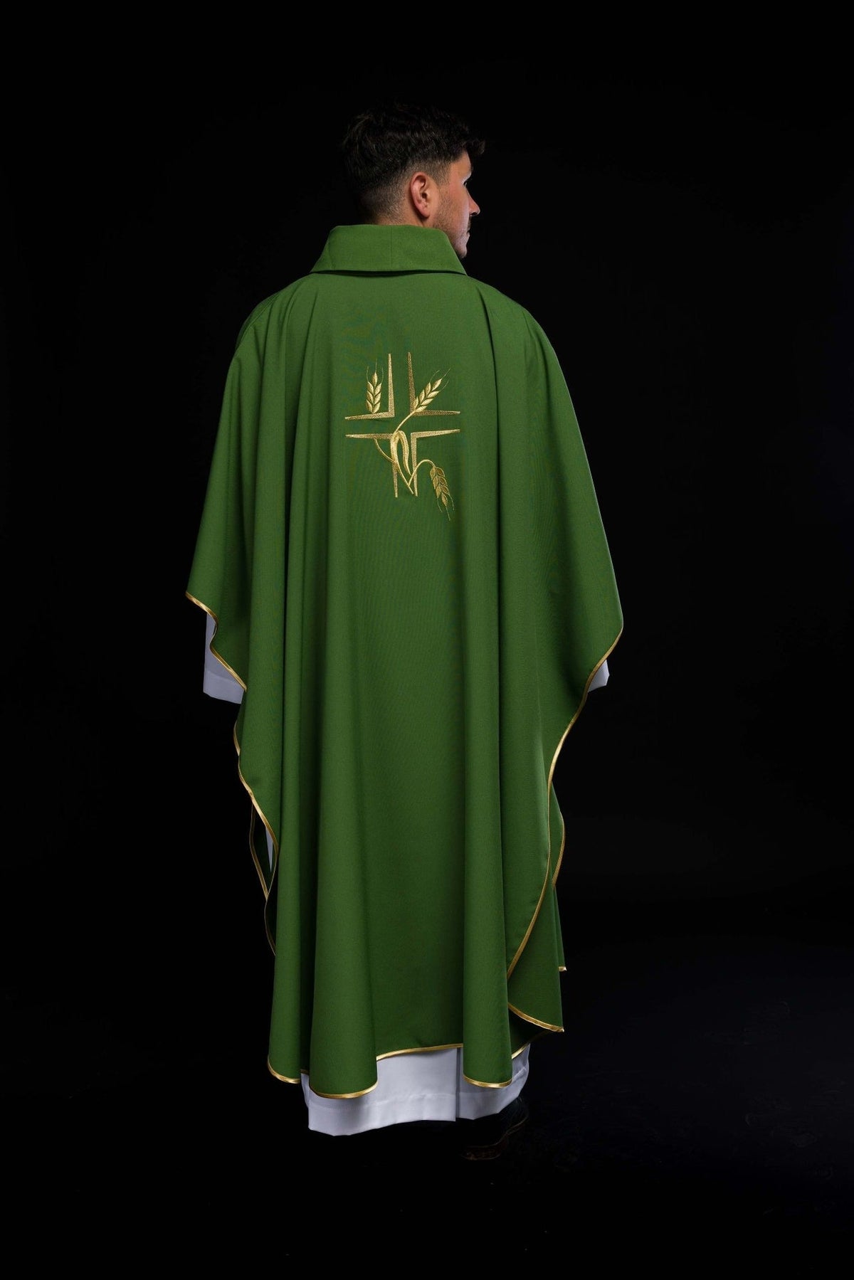 Green chasuble back view with gold cross and wheat embroidery