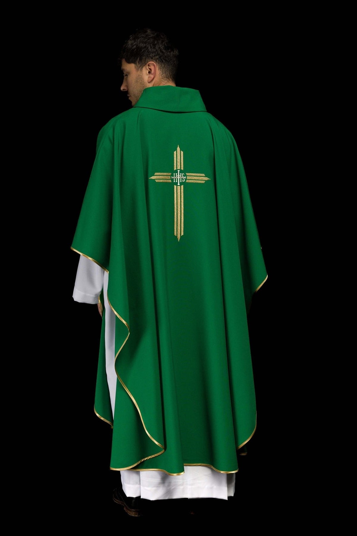 Green chasuble back view showing stand-up collar and gold trim