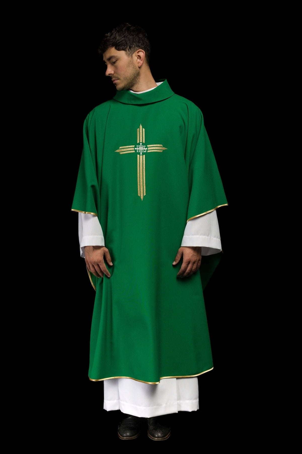 Green chasuble worn front view with stand-up collar and gold embroidered cross