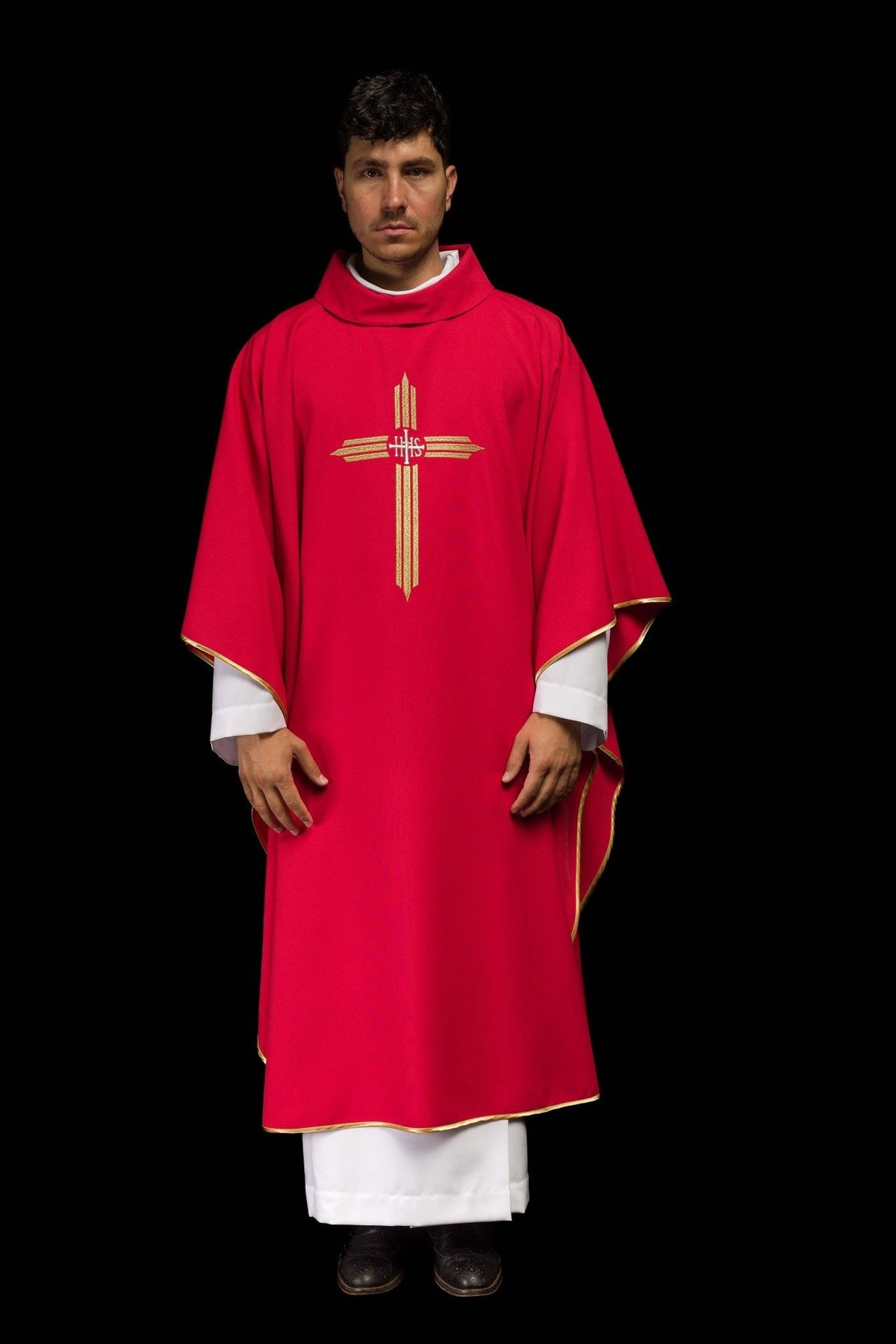 Red chasuble, full front view with gold IHS cross embroidery and trim