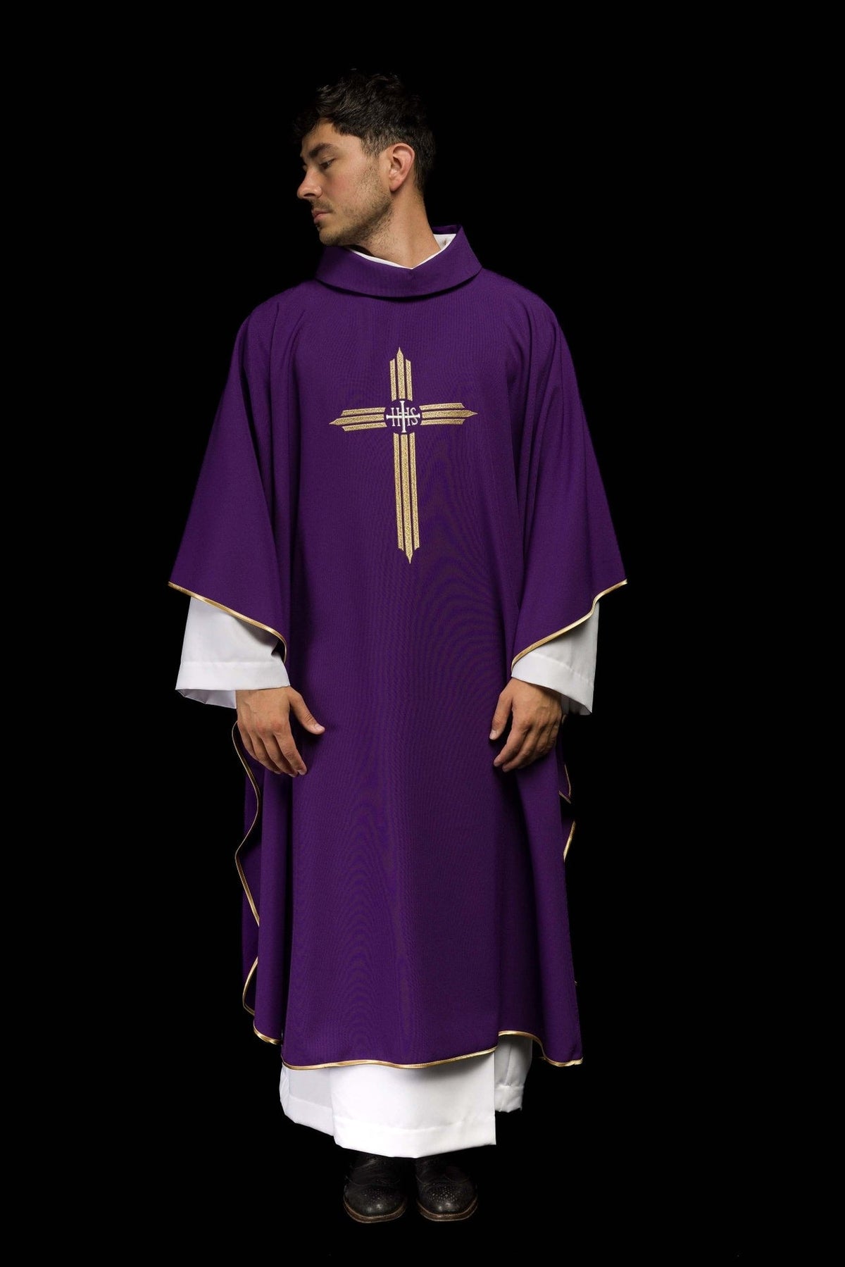 Purple chasuble front view with gold IHS cross embroidery and stand-up collar