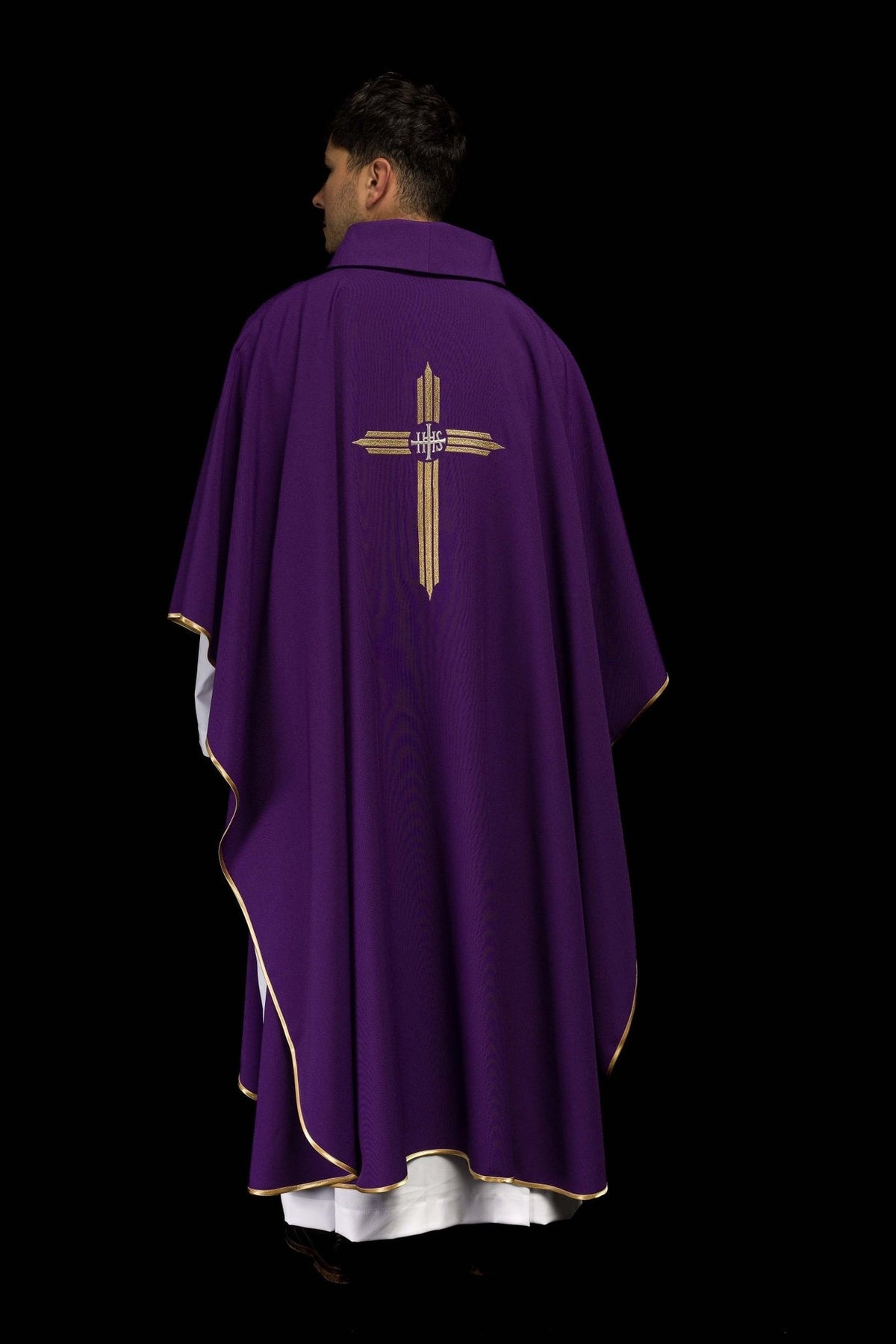 Purple chasuble back view with gold IHS cross embroidery