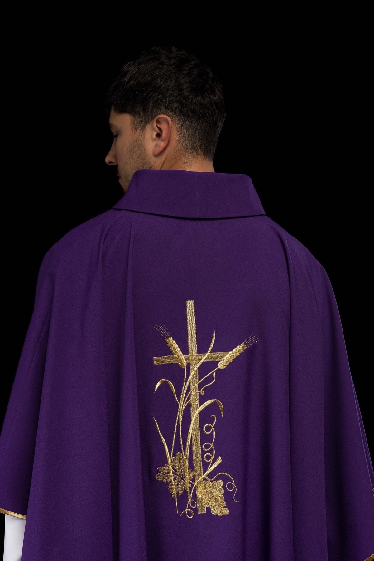 Purple chasuble back close-up with stand-up collar and purple fabric