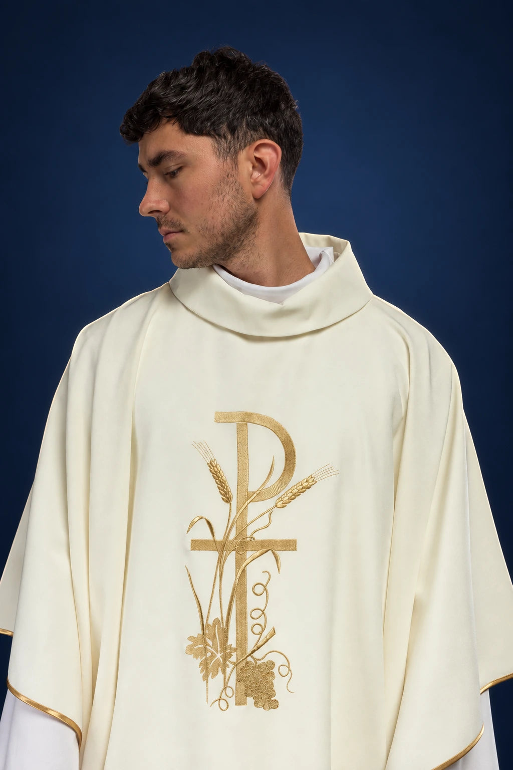 Ecru Embroidered Chasuble worn from the front, with gold cross, wheat, grape and vine embroidery
