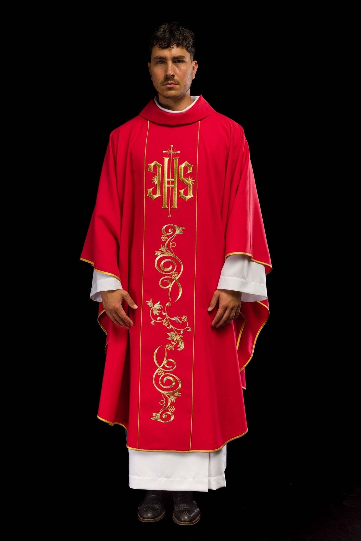 Red chasuble front view with gold IHS embroidery and trim