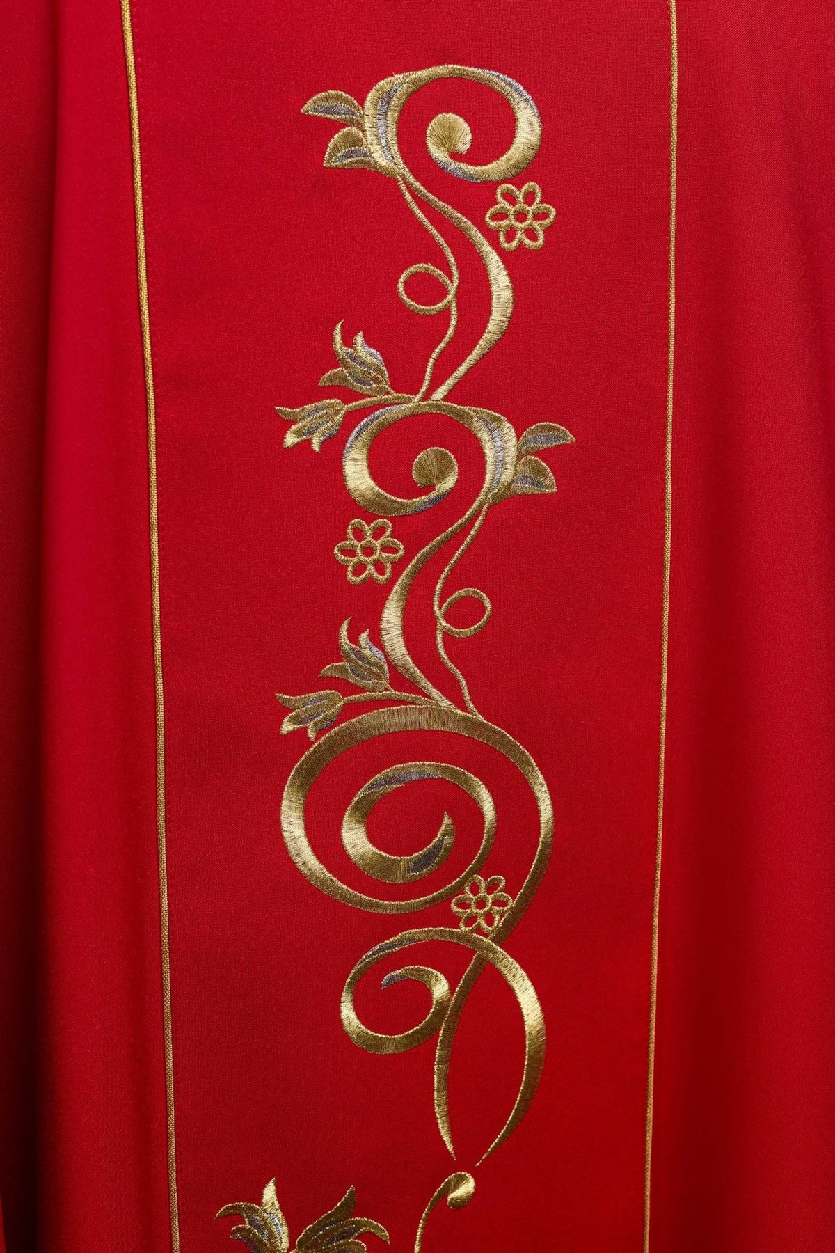 Red chasuble back view with gold floral embroidery and trim
