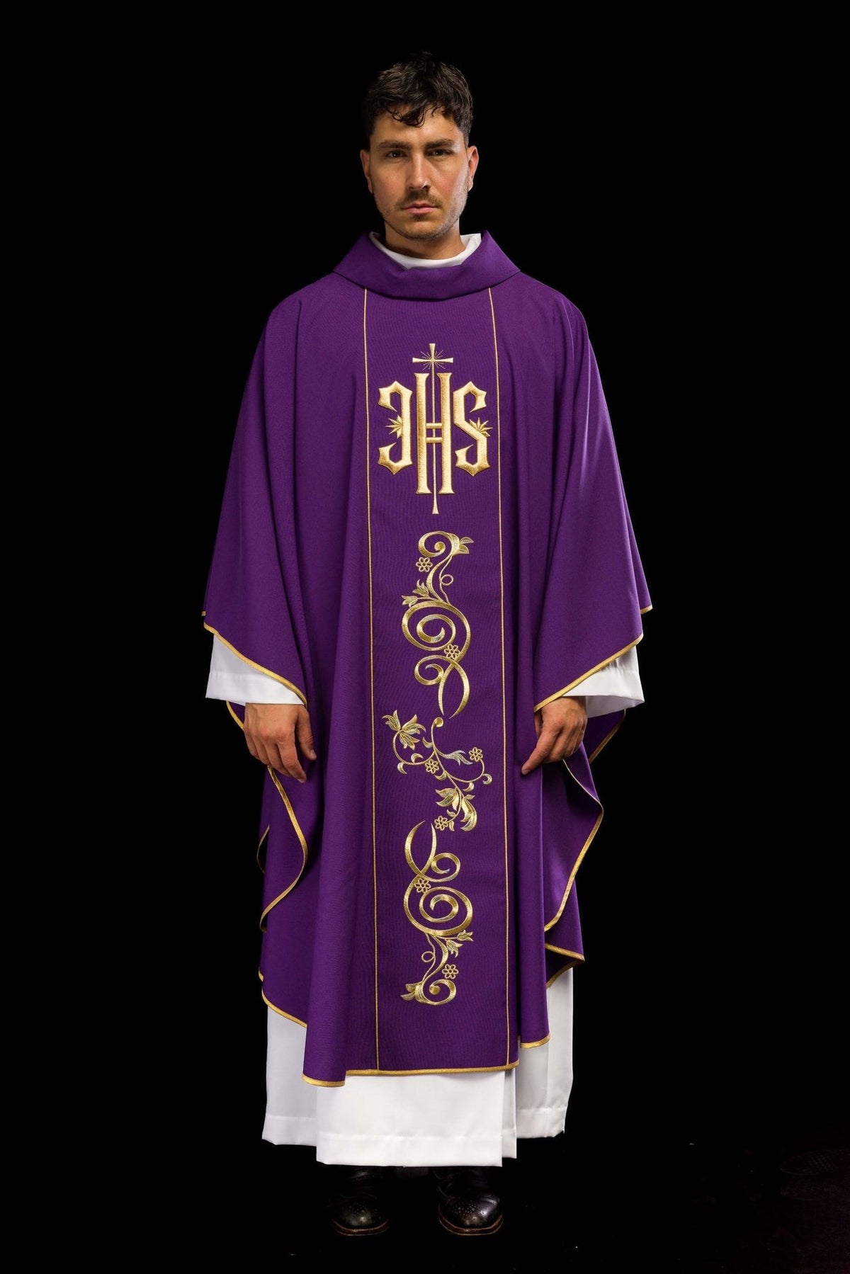 Purple chasuble front view with gold IHS and floral embroidery