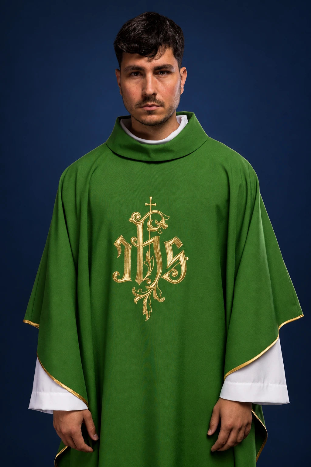 Green Chasuble with Gold IHS Embroidery, front view with stand-up collar and gold trim